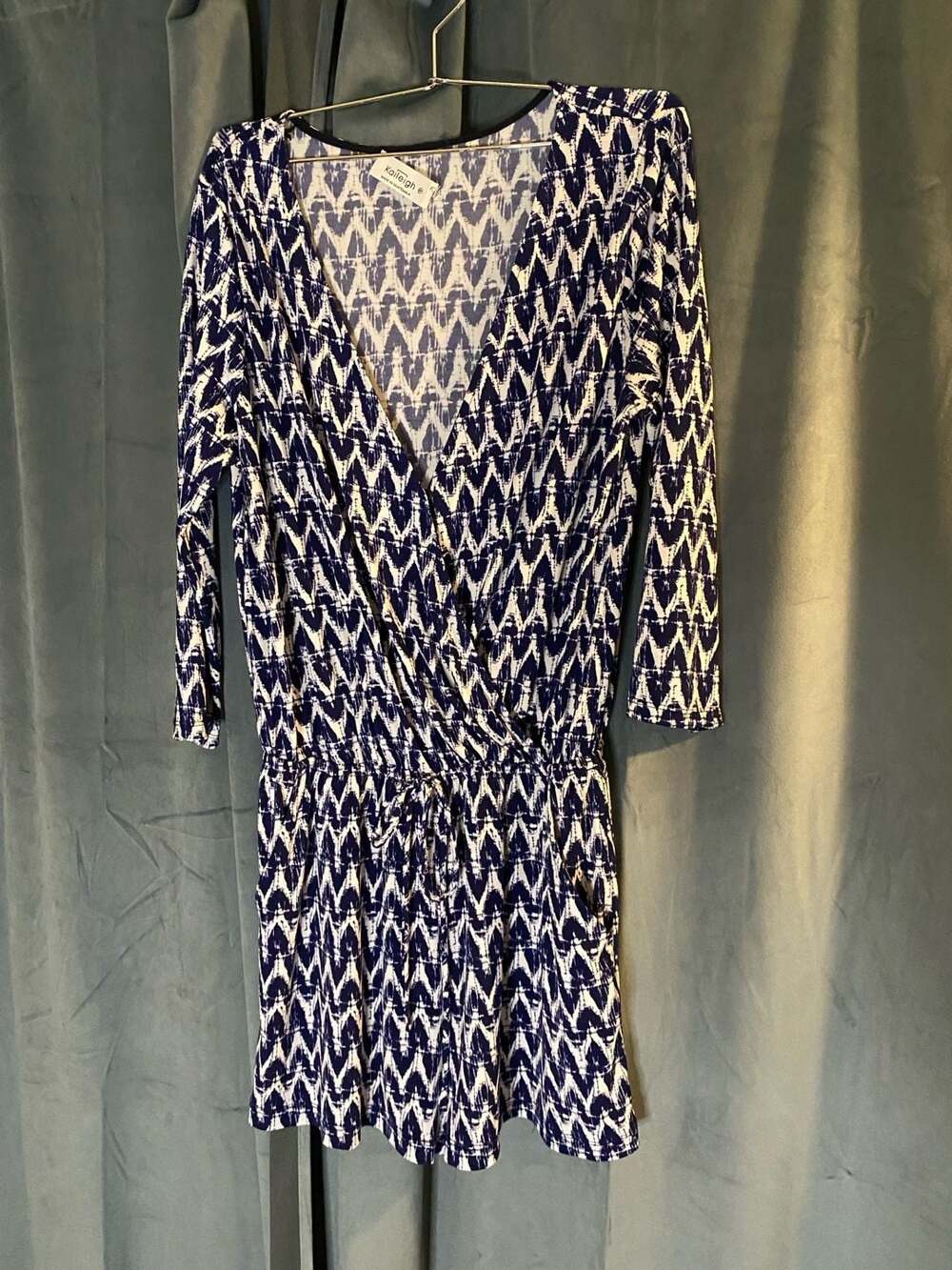 Kaileigh Size SP Blue and White Geometric Print Wrap Romper